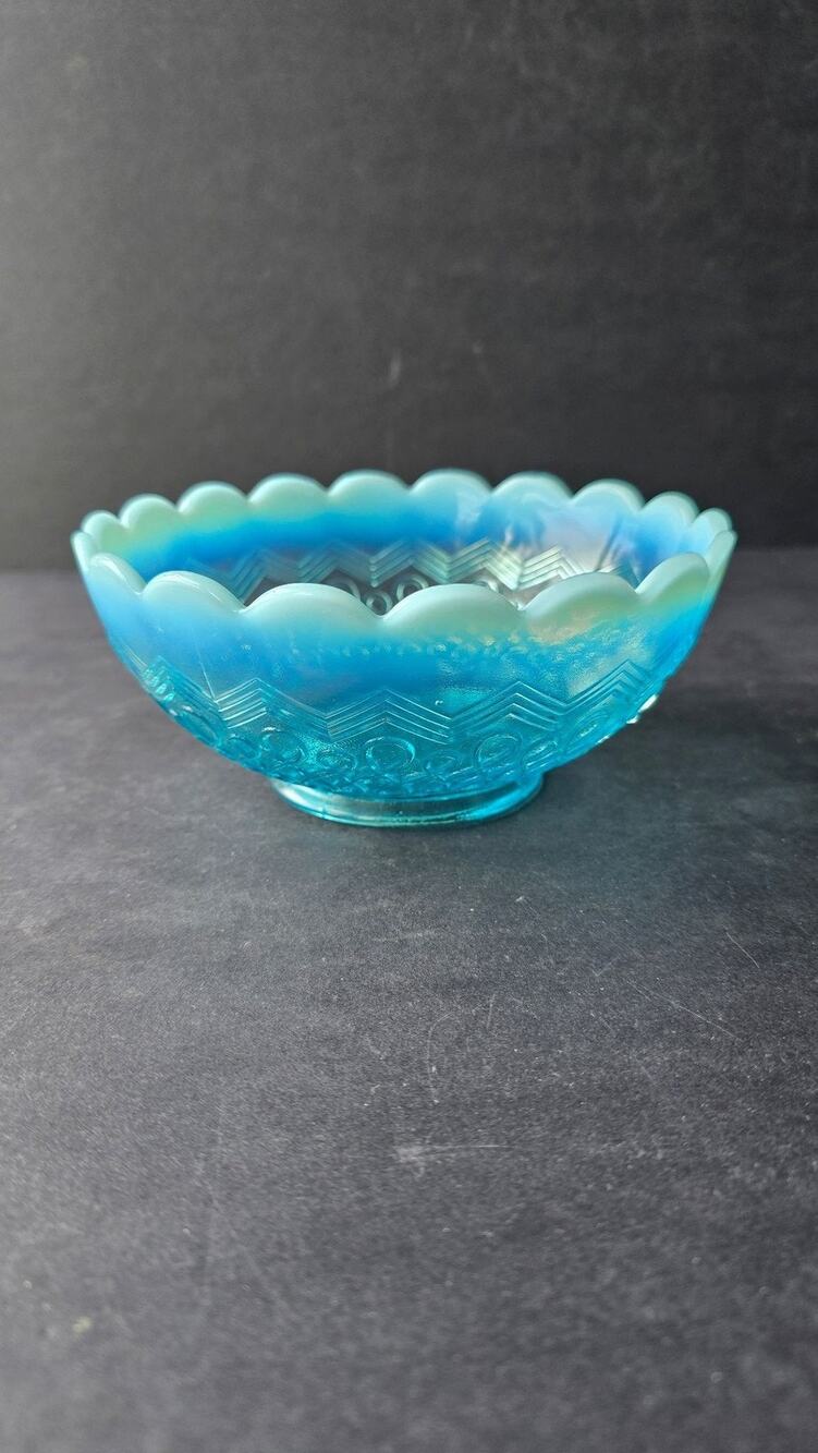 Vintage Blue Opalescent Jefferson Glass Bowl Scroll Scalloped Geometric Pattern